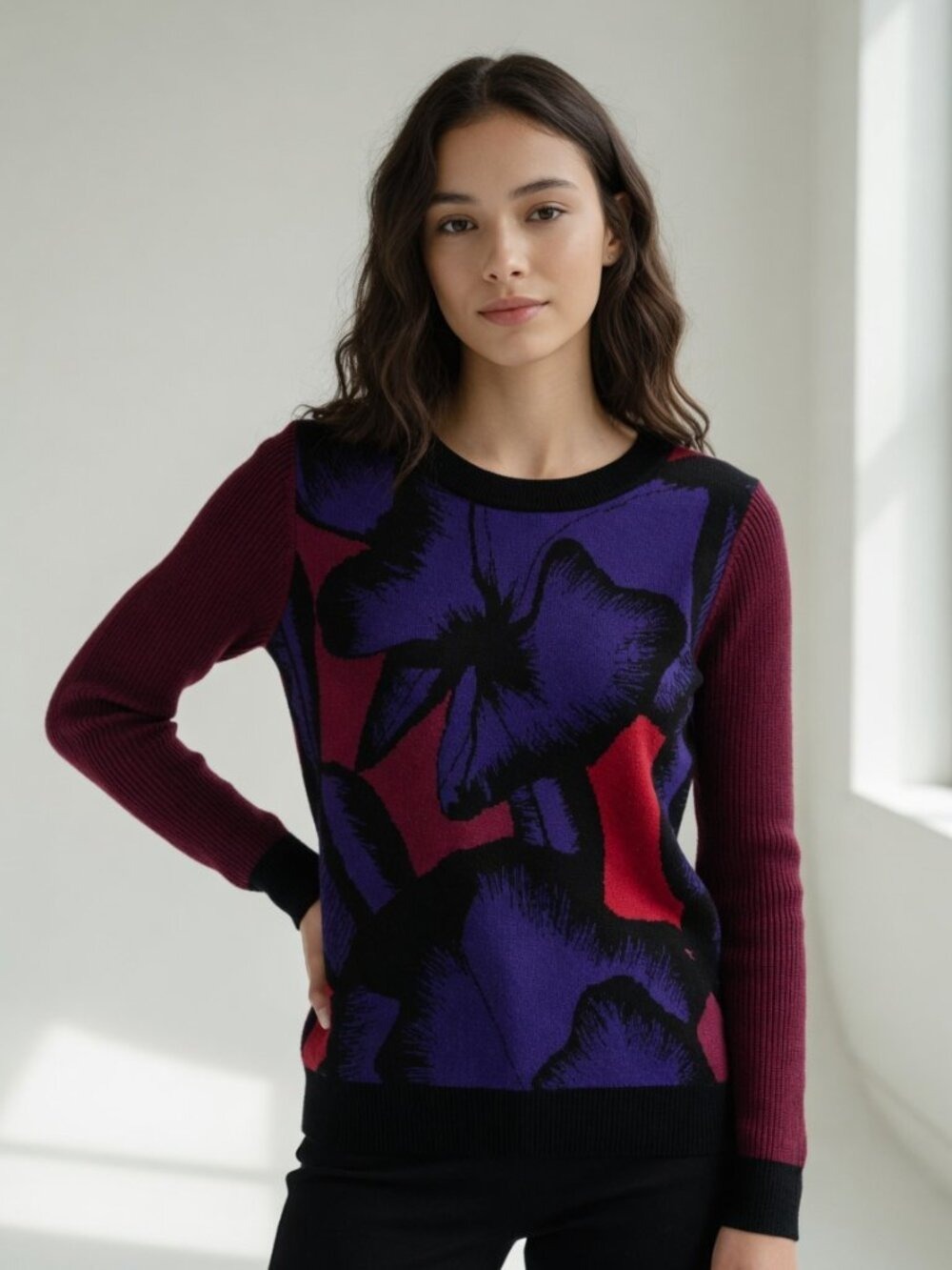 *Diane von Furstenberg Floral Intarsia Wool Sweater Burgundy Purple Red Small